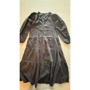 Little Lies Anthropologie Black Linen Tiered Midi Dress Long Sleeve V-Neck M